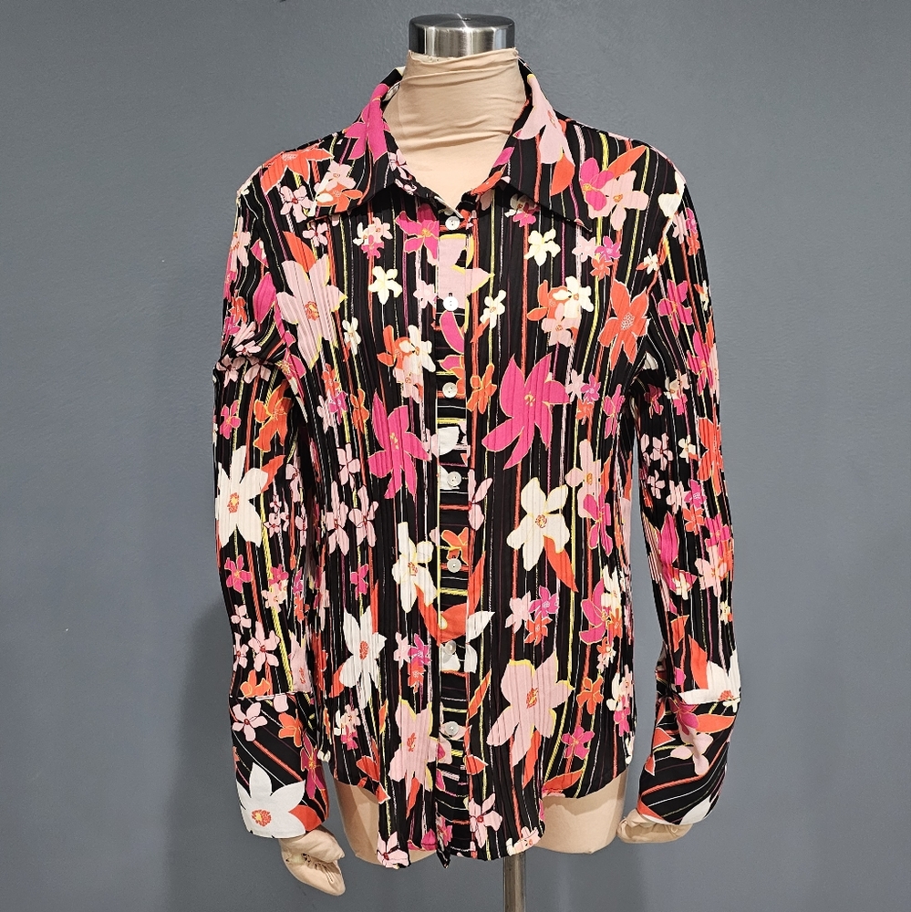 CANDELA Black Pink Floral Crinkle Buton Down Blouse 16